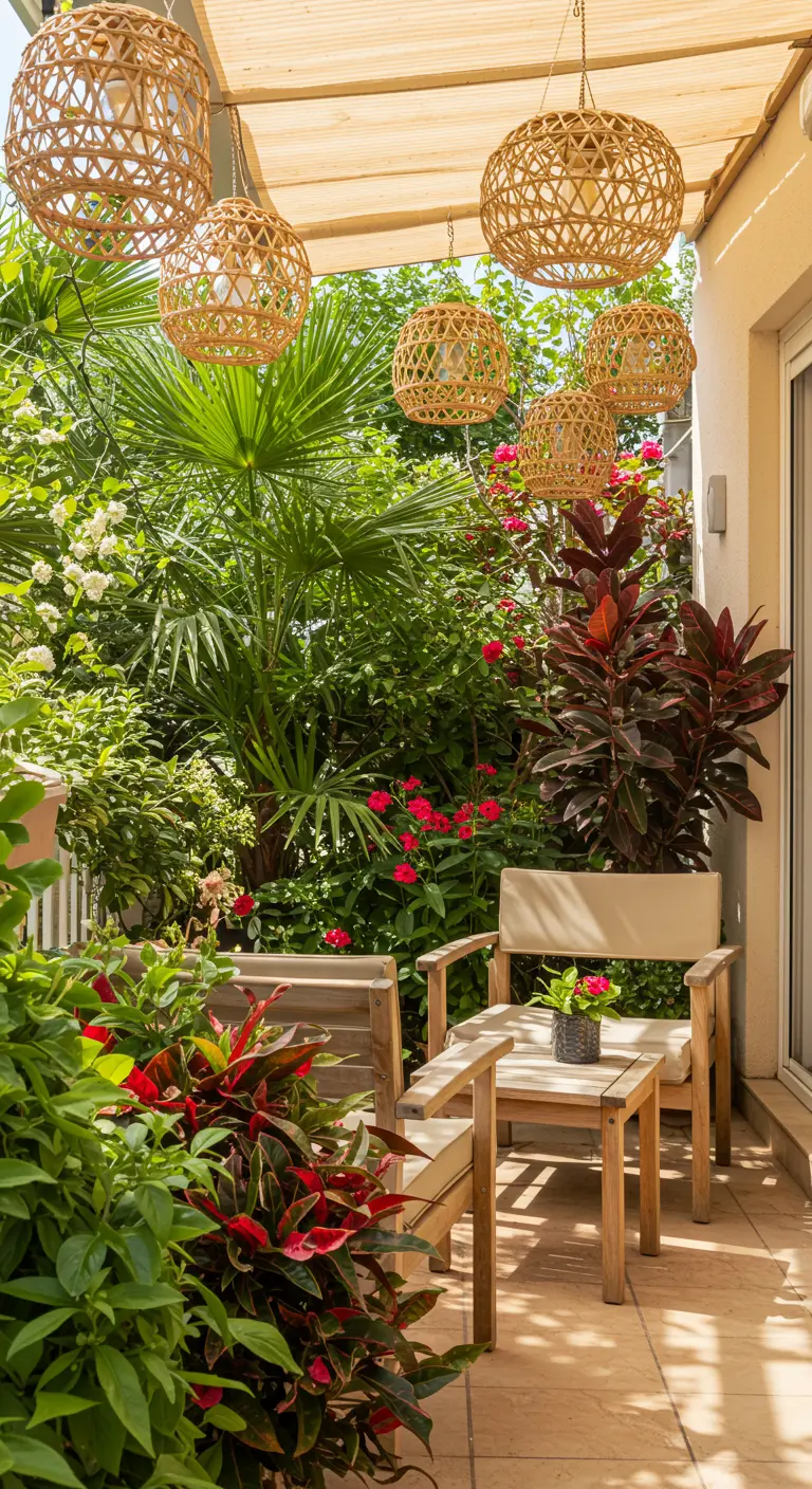 A sunlit balcony overflowing with colorful plants, with rattan lanterns hanging from above.