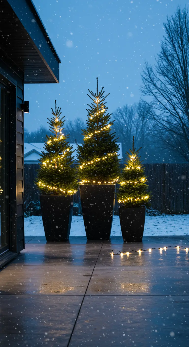 Three modern black planters with small evergreen trees wrapped in lights, on a snowy patio.