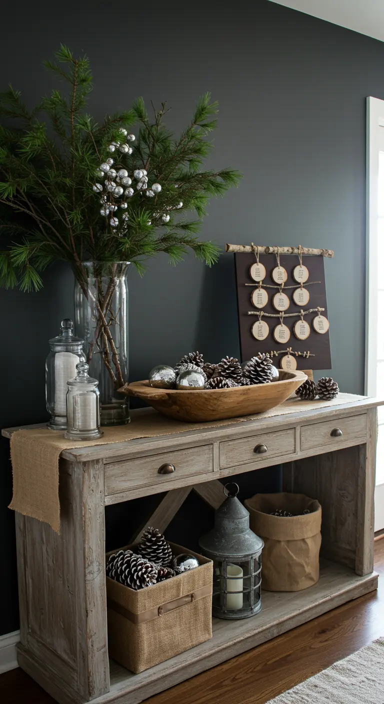 Rustic console table with pinecones, silver ornaments, and a DIY wood slice seating chart.