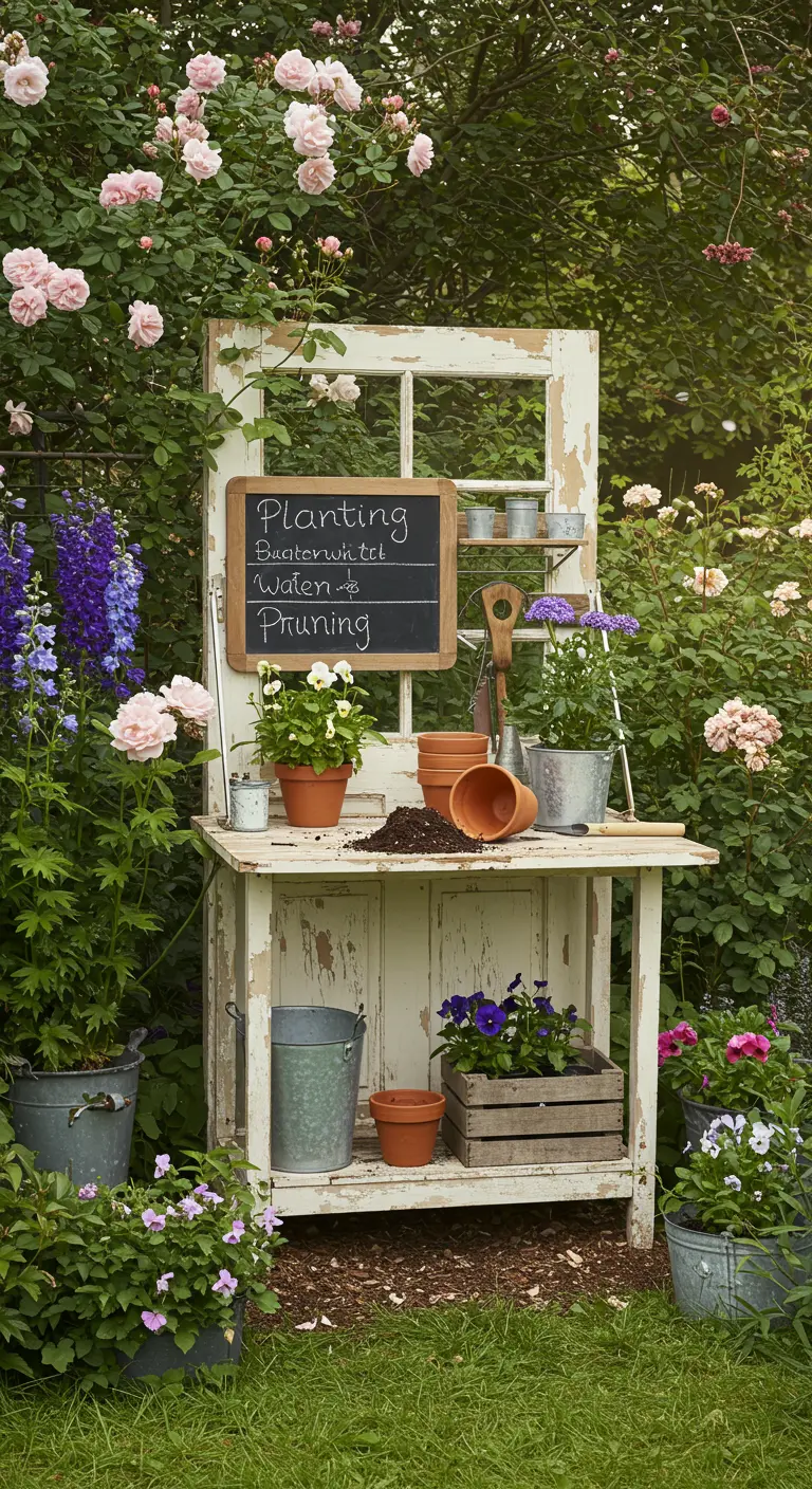 A shabby-chic white potting station with a chalkboard, surrounded by pink roses and purple flowers.