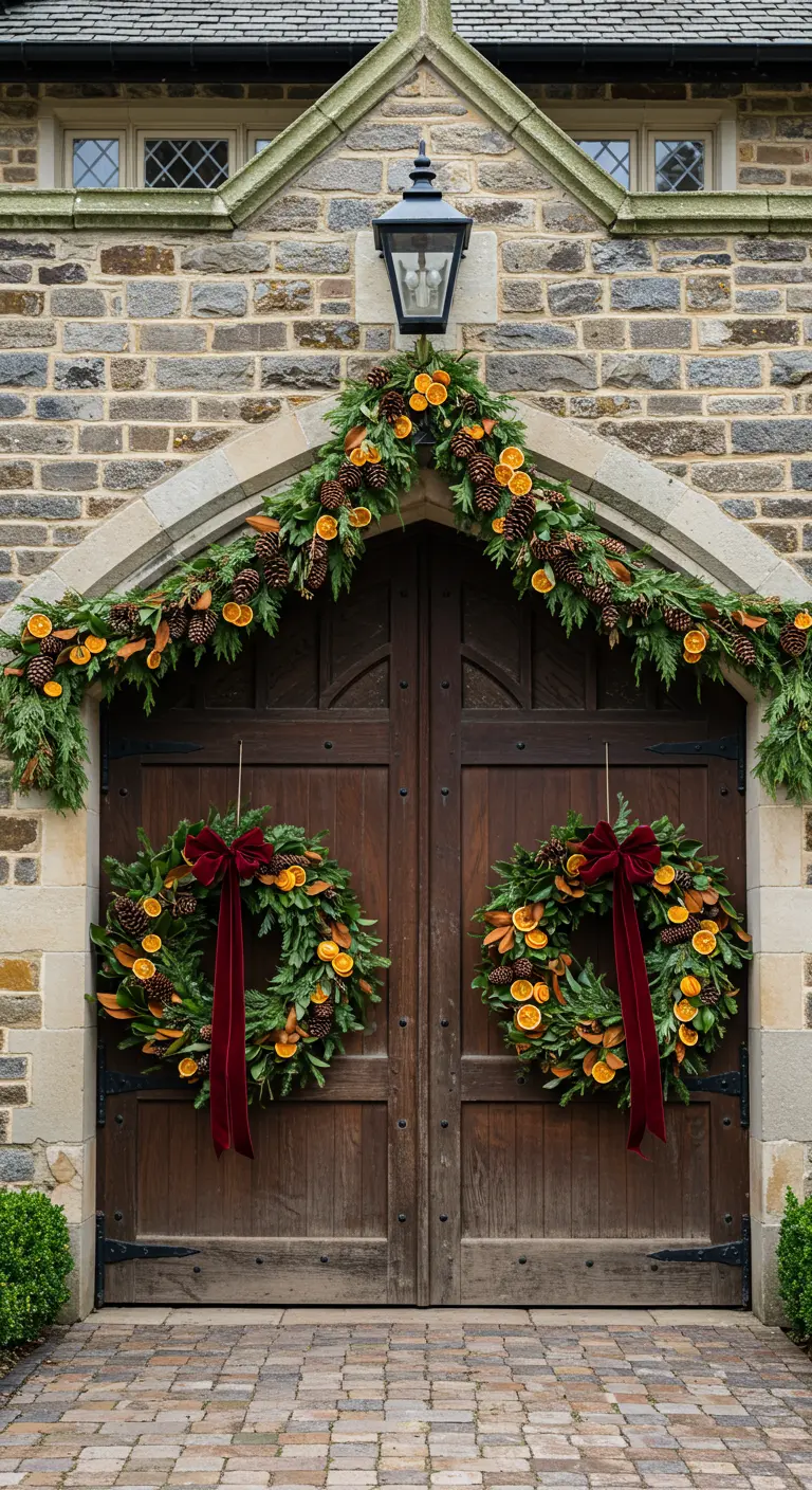 Double wooden doors adorned with two wreaths and a garland featuring dried oranges and red bows.