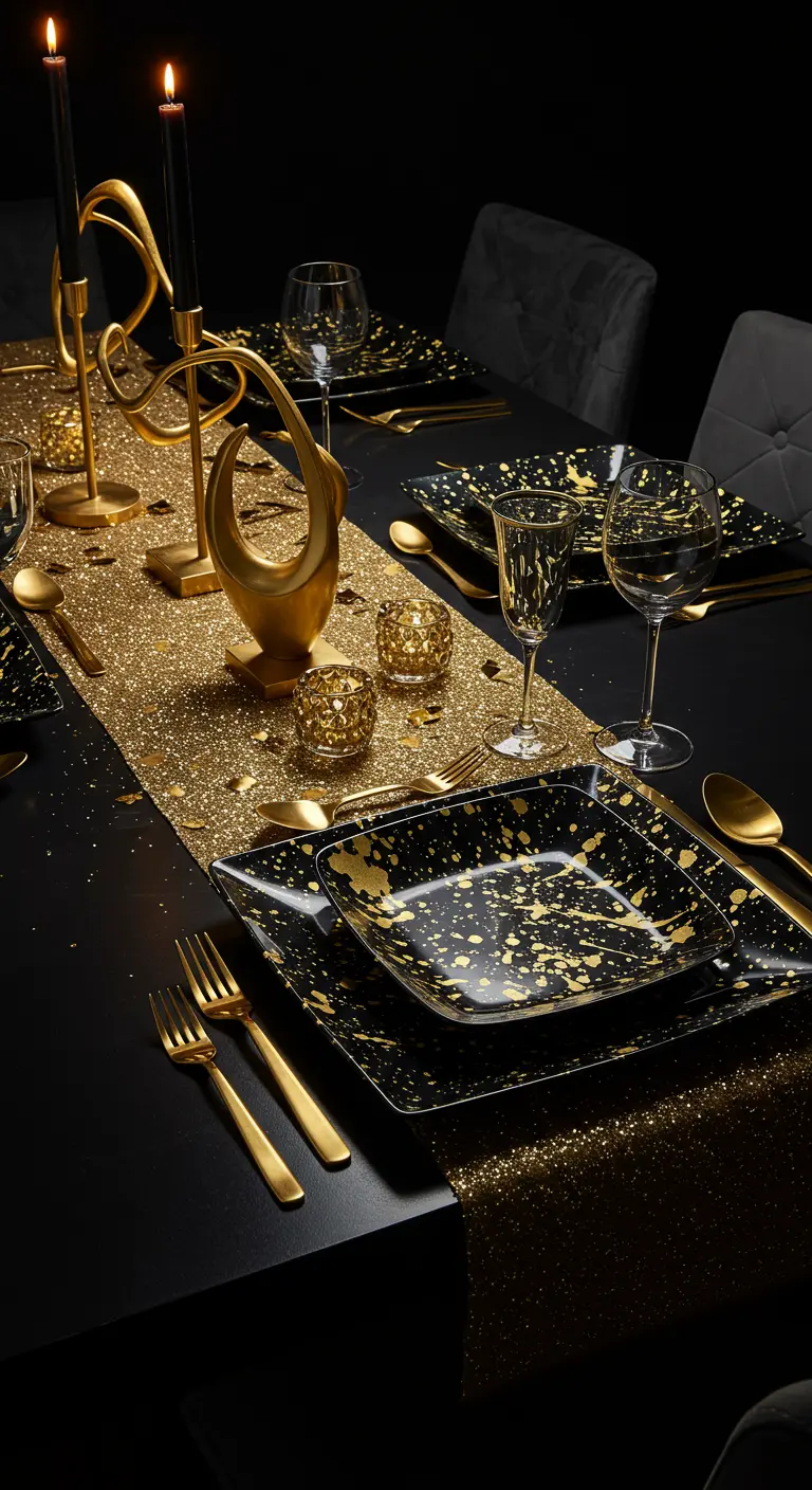 A modern black table setting with gold-splattered plates and a gold glitter runner.