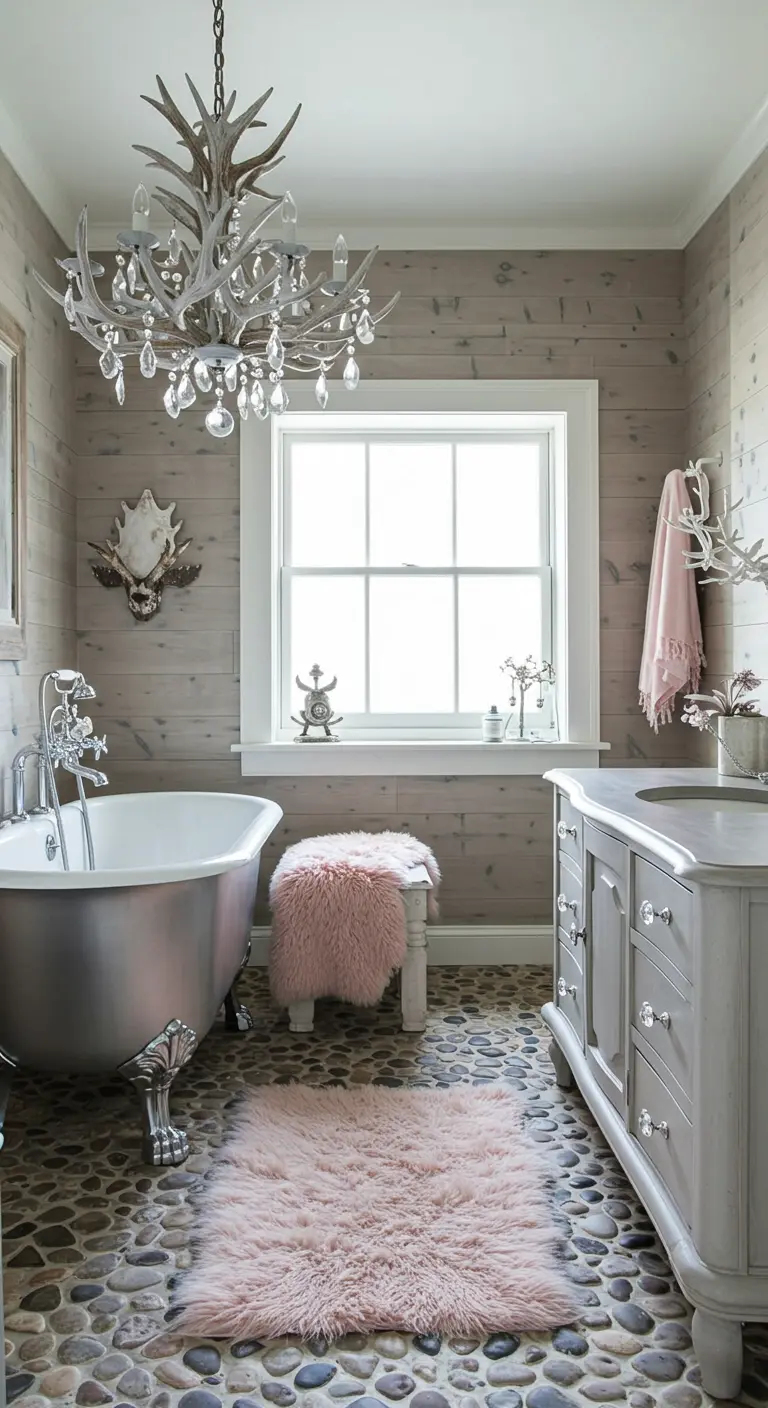 Rustic glam bathroom with a silver tub, crystal chandelier, and pink faux fur rugs on a pebble floor.