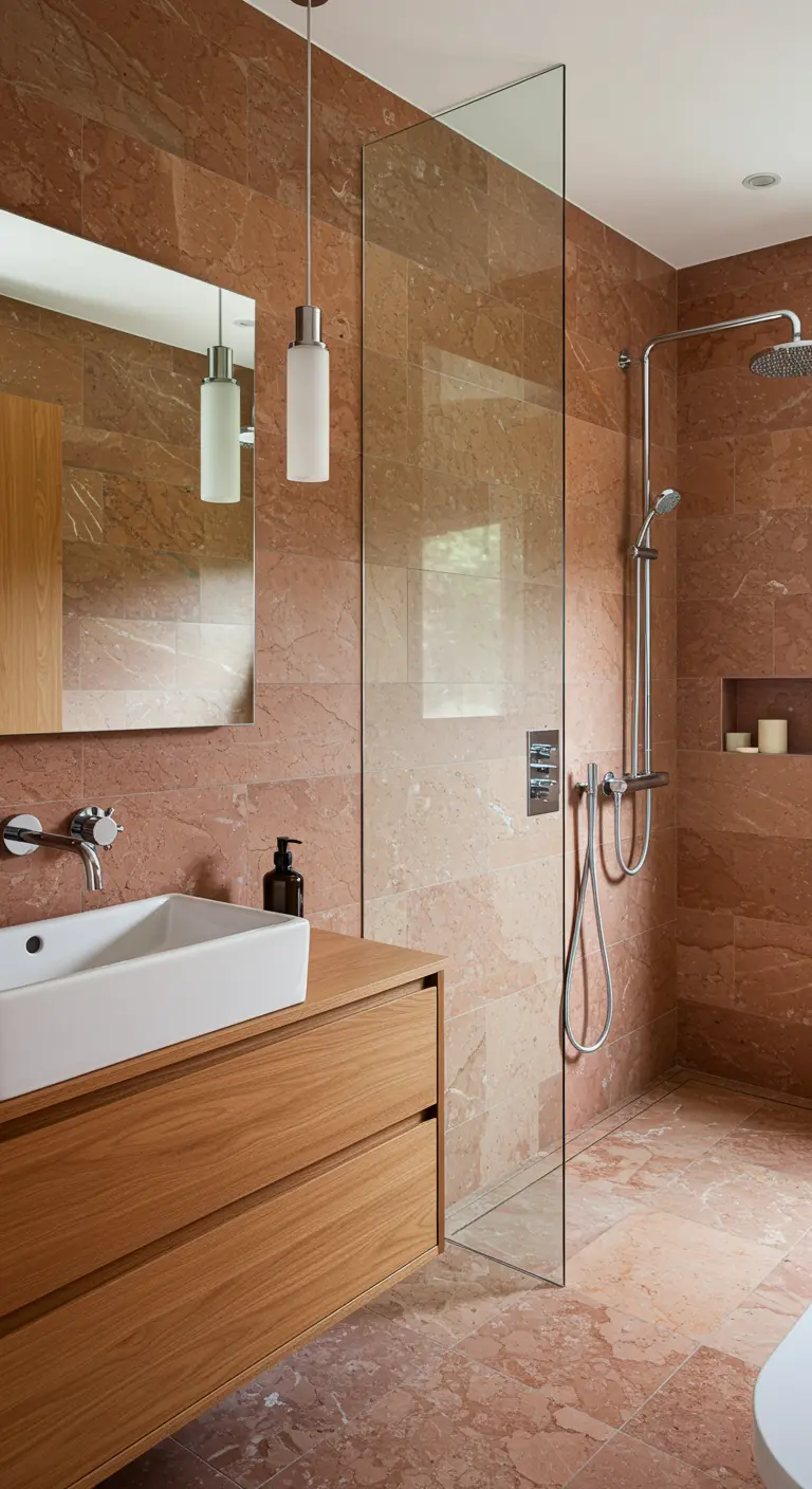 Bathroom with terracotta marble walls and a single pendant light over the vanity.