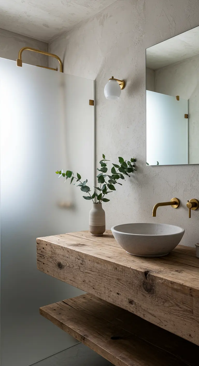 Rustic bathroom with a reclaimed wood vanity and brass fixtures.