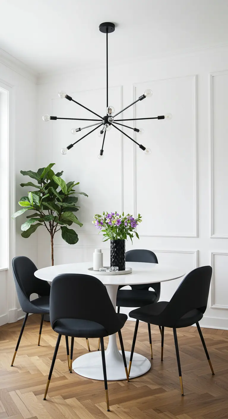 Dining room with white paneled walls, a round white table, and black chairs with gold-tipped legs.