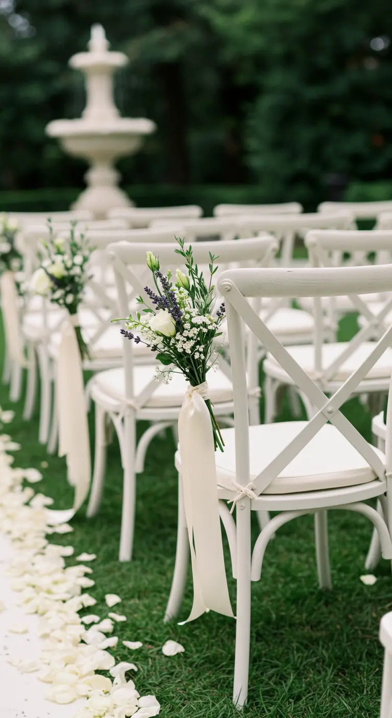 A white wedding chair on the aisle decorated with a small white floral bouquet and a long ribbon.