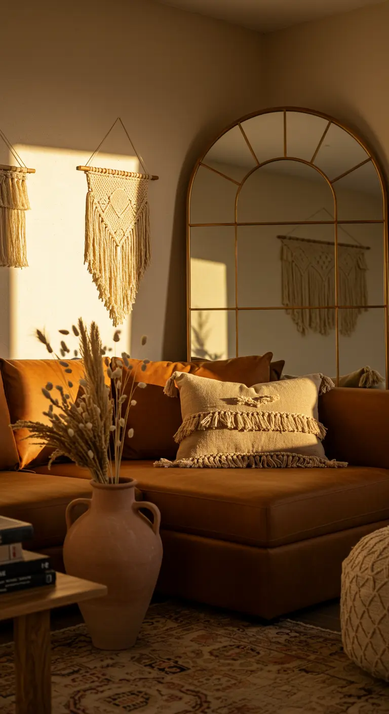 Large arched mirror behind a tan sofa, reflecting macrame wall hangings and warm light.