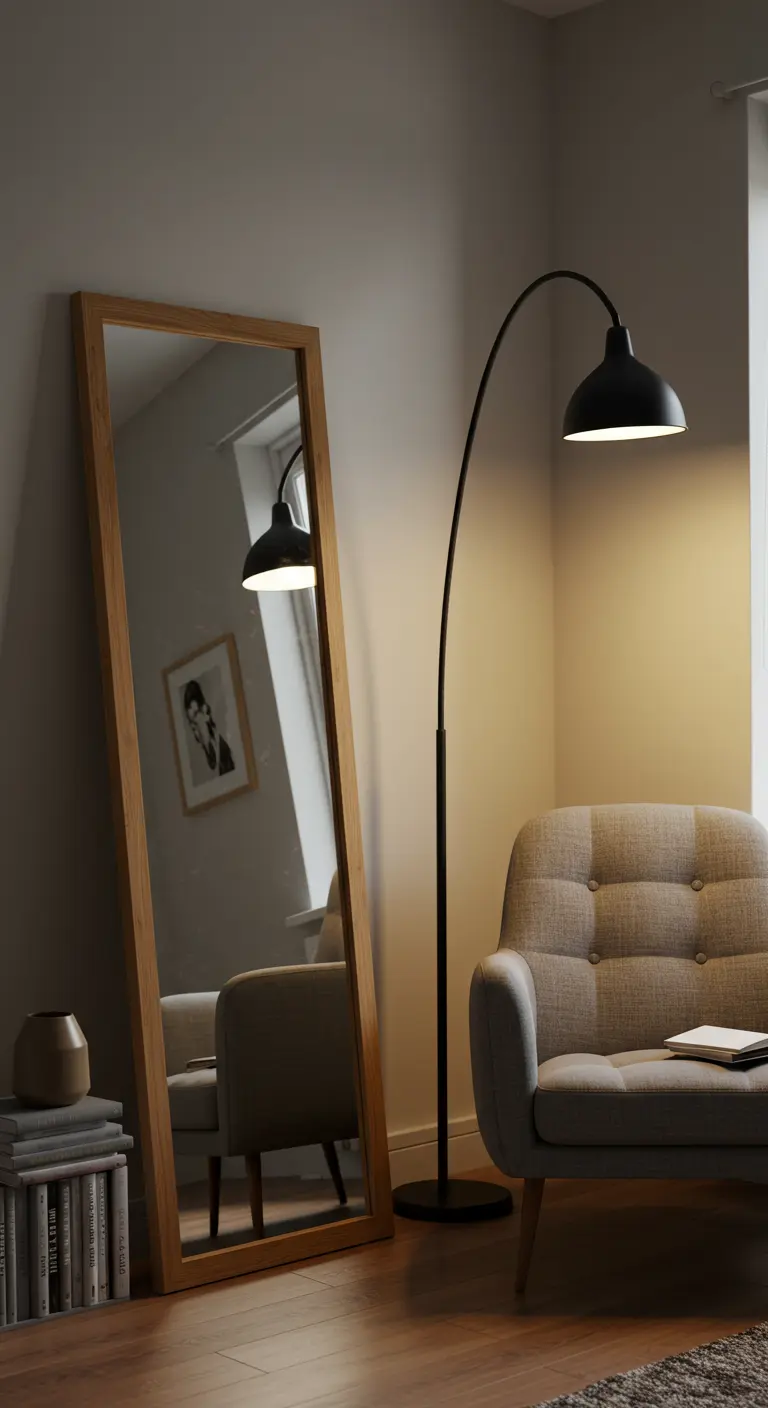 A wood-framed floor mirror leaning in a corner, reflecting an arched floor lamp.