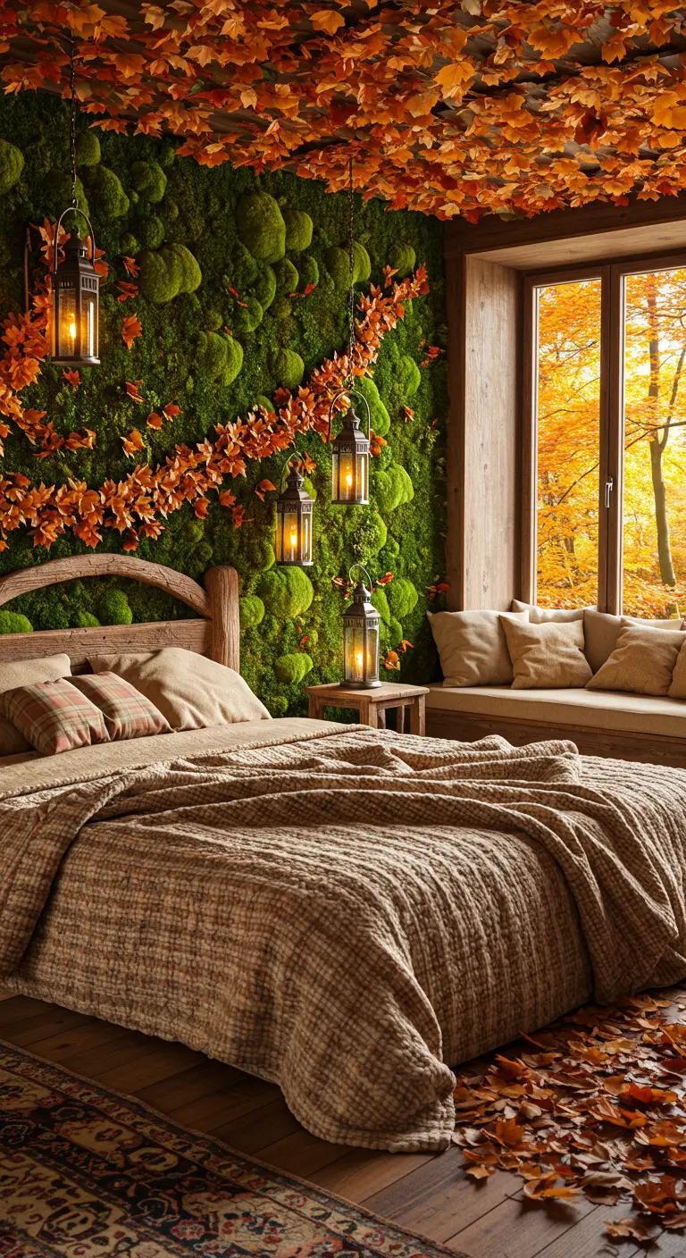 A cozy bedroom with a moss wall and a ceiling covered in autumn leaves and hanging lanterns.