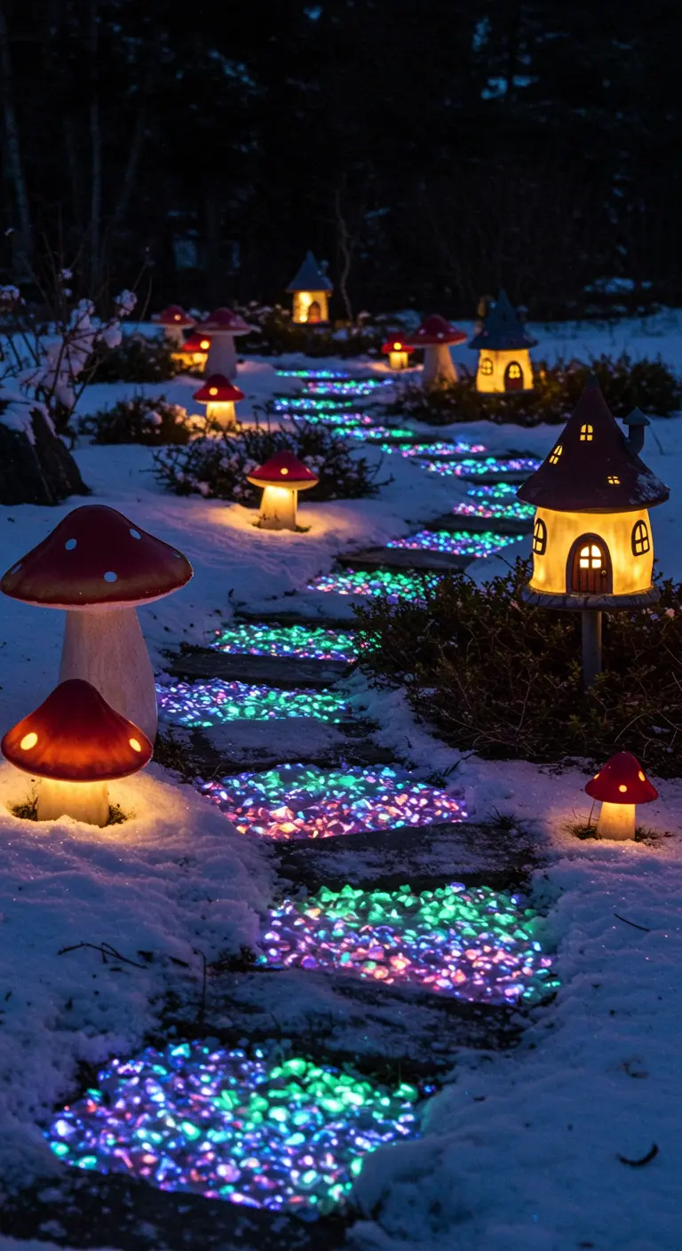A whimsical garden path in the snow made of glowing stones and lined with mushroom lights.