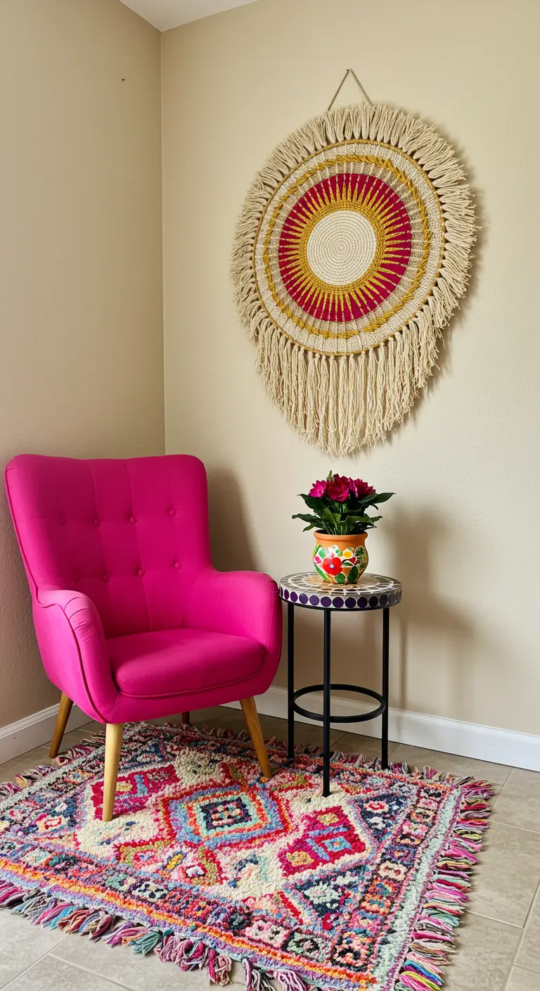 A bright magenta armchair paired with a colorful shag rug and a round woven wall hanging.