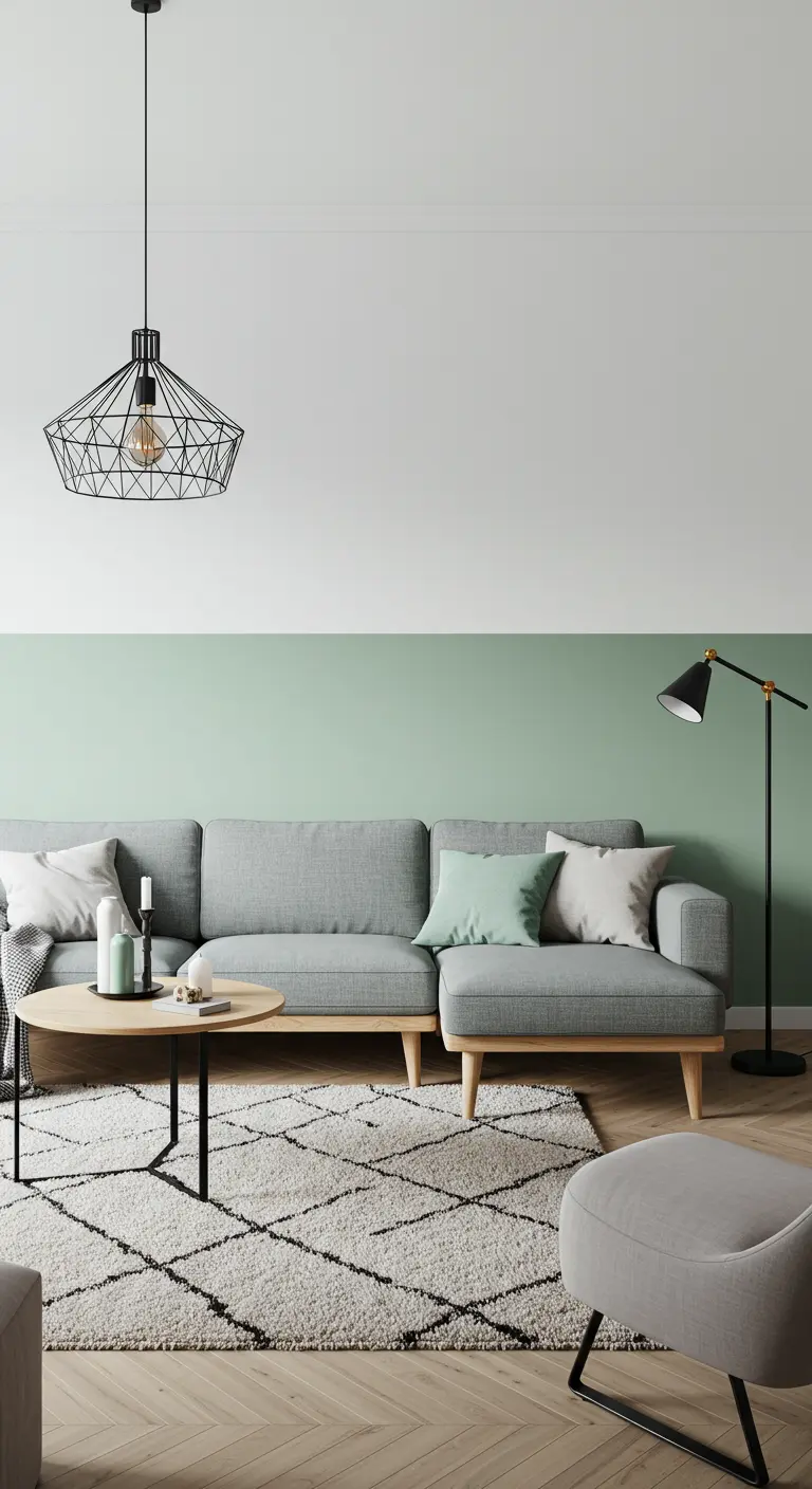 A grey sectional against a wall half-painted in sage green, with a black wire pendant light.
