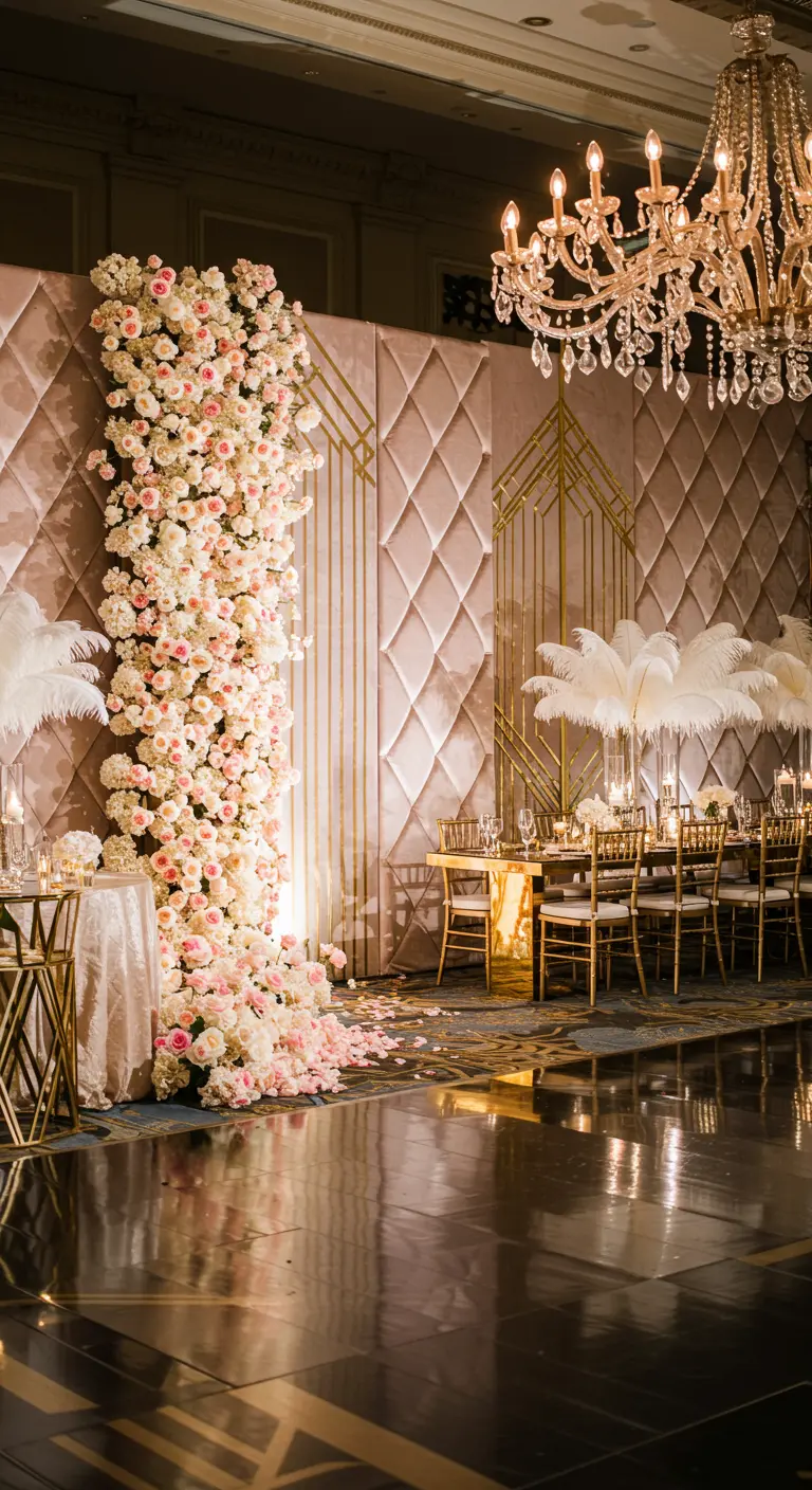 Art Deco wedding decor with a blush velvet wall, gold details, and a cascade of roses.