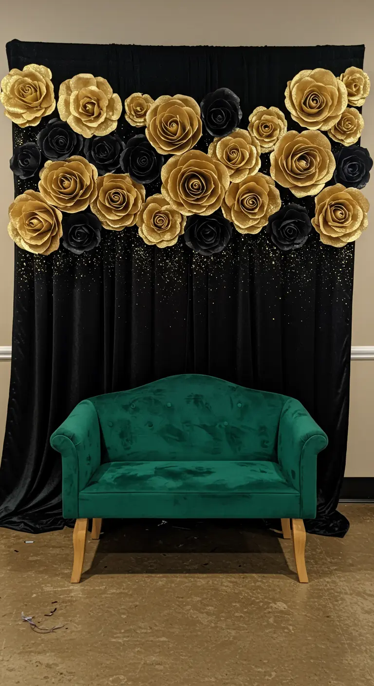 Gold and black paper roses on a black curtain behind an emerald green settee.