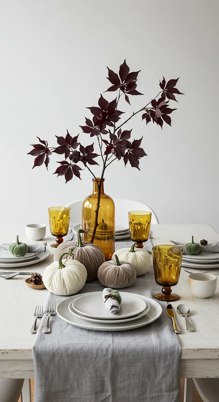 Light and airy fall table with cream velvet pumpkins and a single foliage branch.