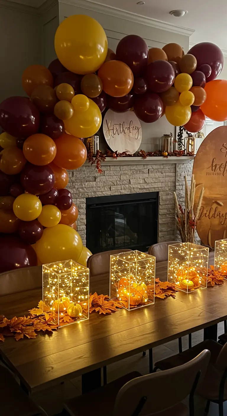 Fall-themed balloon arch with clear boxes filled with pumpkins and fairy lights.