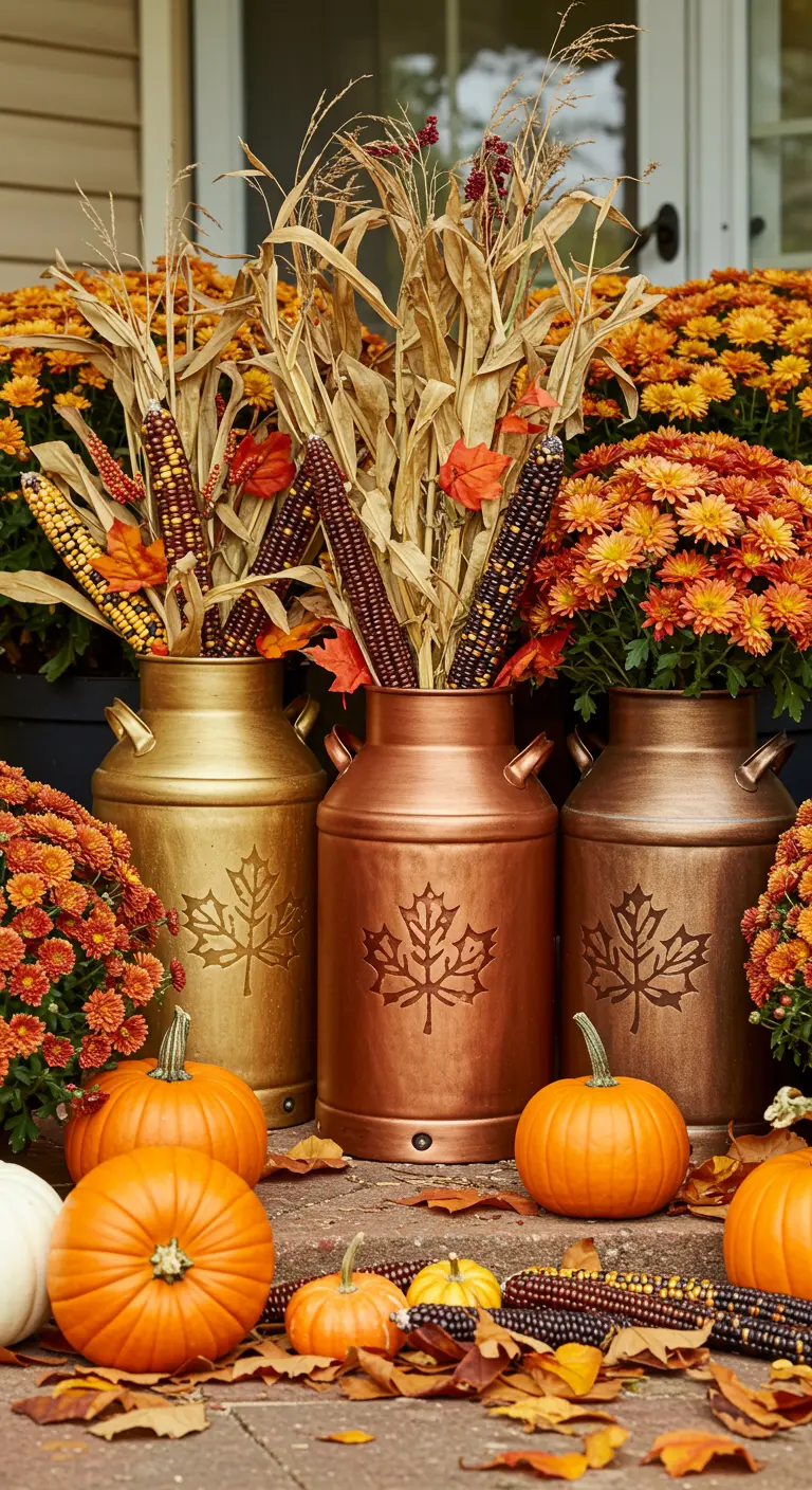 Three metallic milk cans in gold, copper, and bronze with leaf stencils, part of an autumn display.