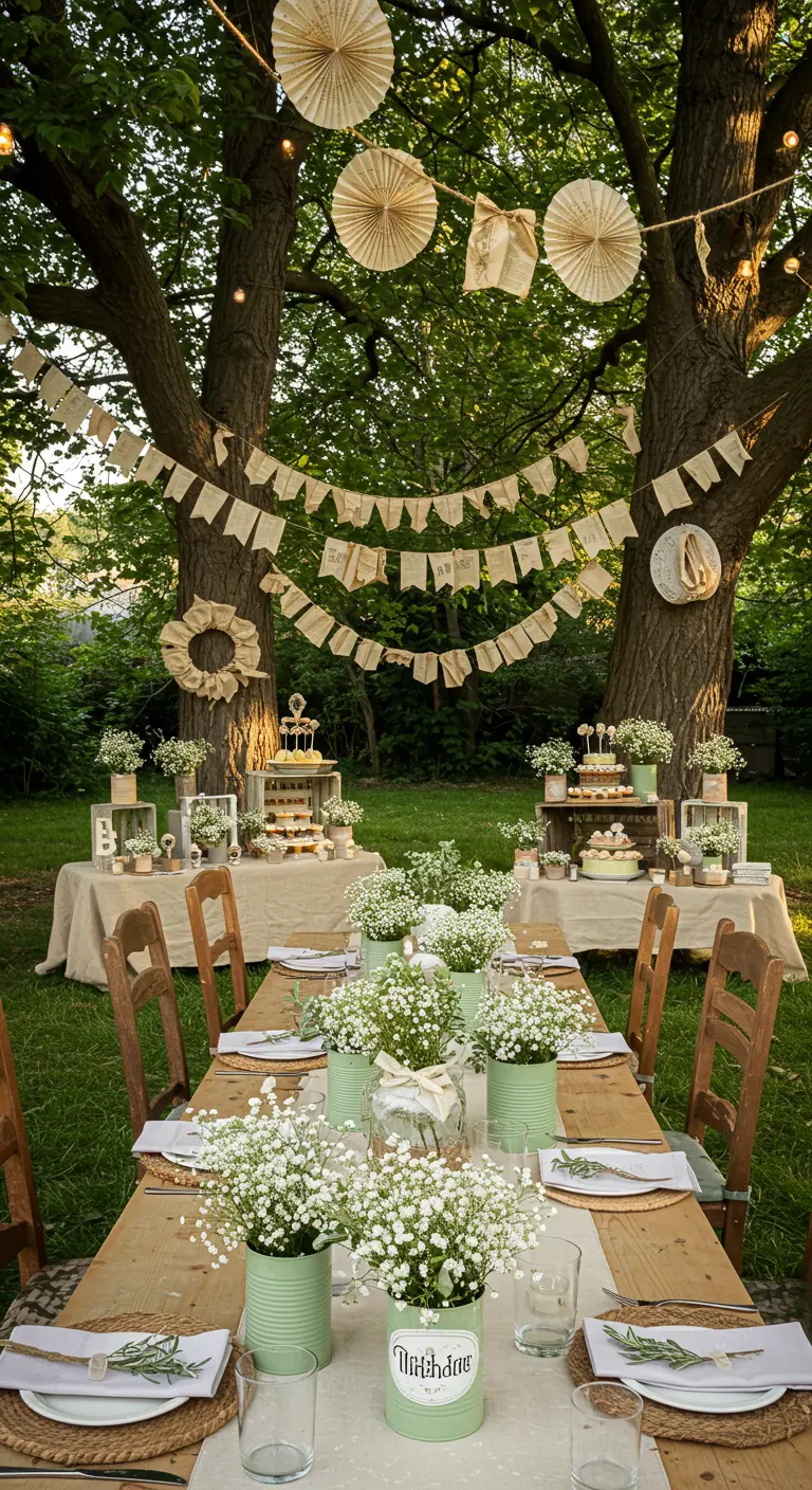 Rustic outdoor party with baby's breath in green tins and book page garlands.