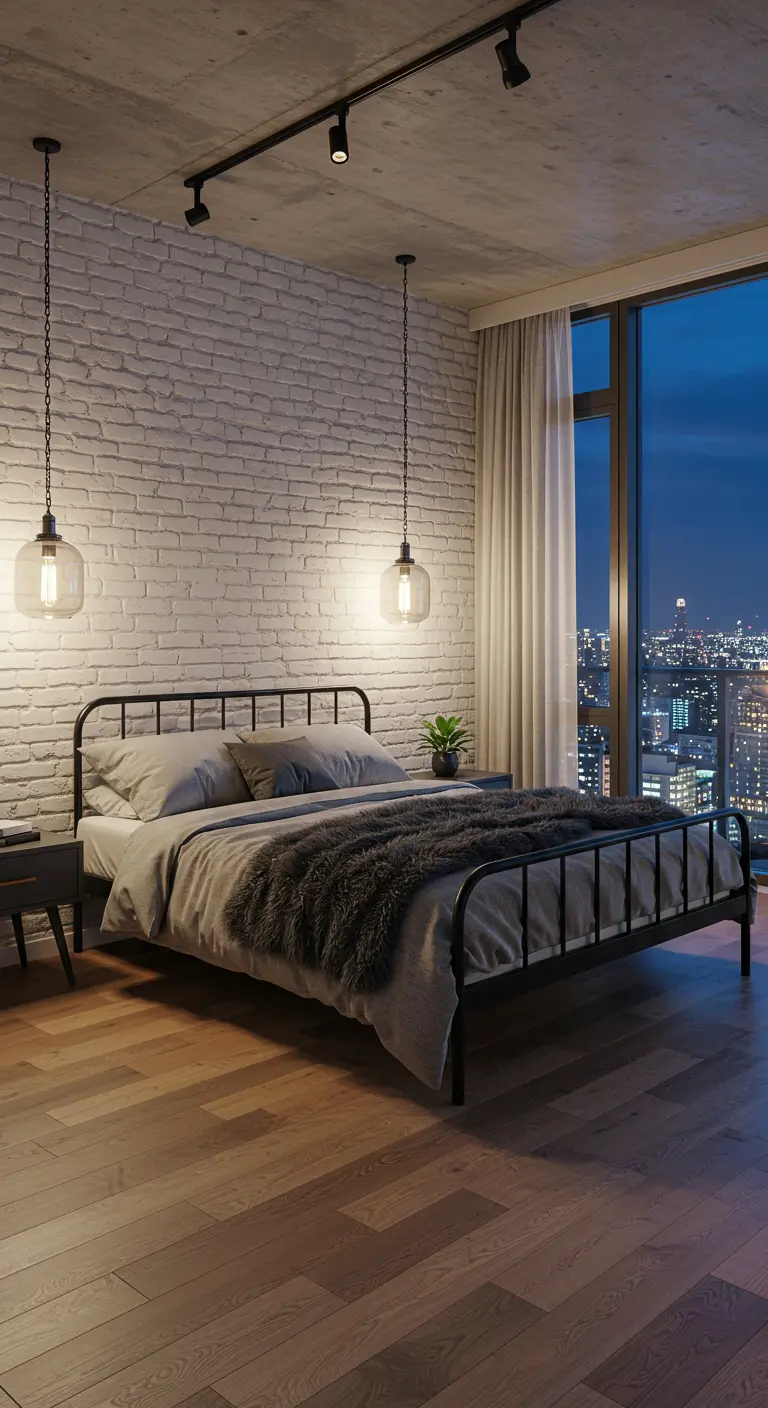 Modern bedroom with a white brick wall, a black metal bed, and a large window overlooking a city.