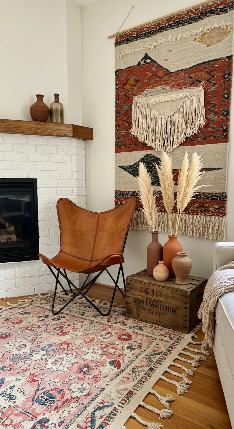 Leather butterfly chair next to a white brick fireplace, with a large woven tapestry on the wall.