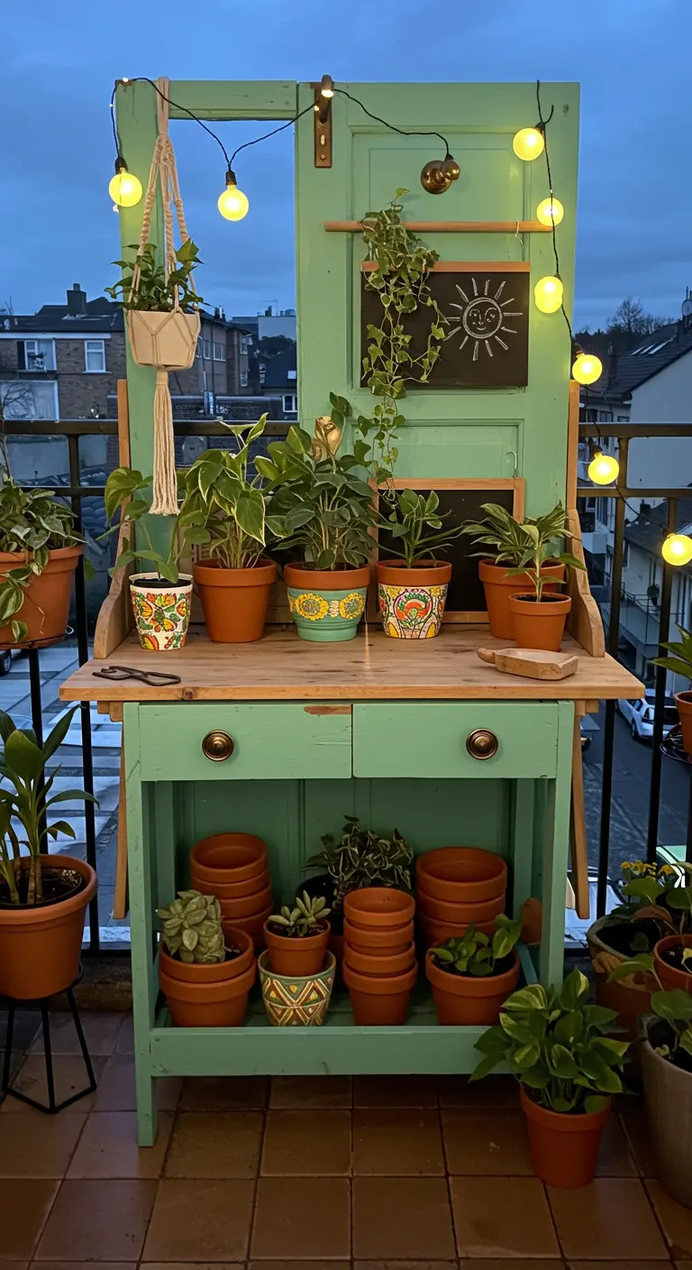 A green potting station on a balcony at dusk, illuminated by glowing string lights.