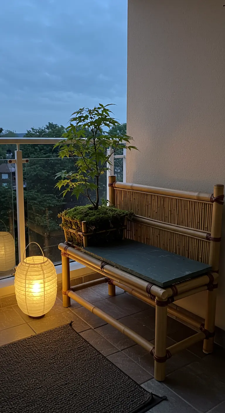 A bamboo bench with a slate seat and a bonsai tree on a balcony at dusk.