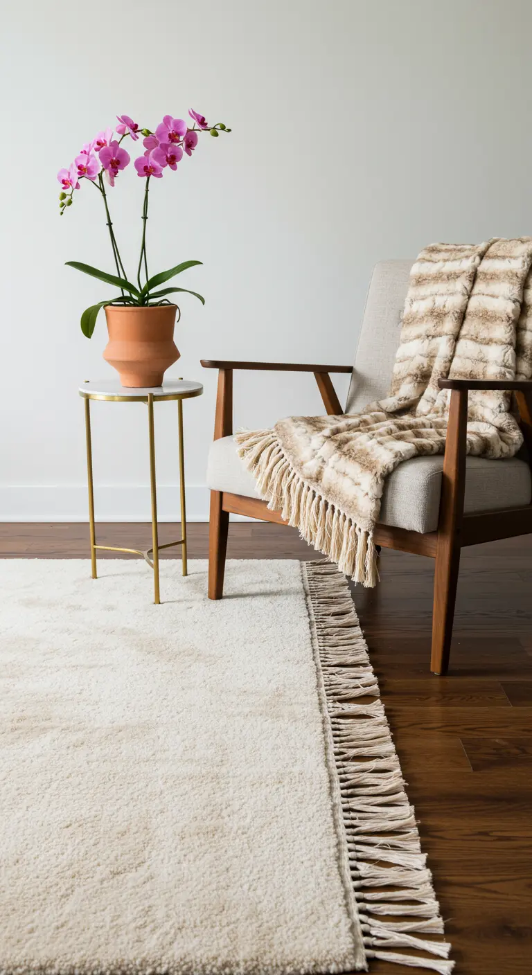 A mid-century modern armchair with a plush, fringed faux fur throw and an orchid on a side table.