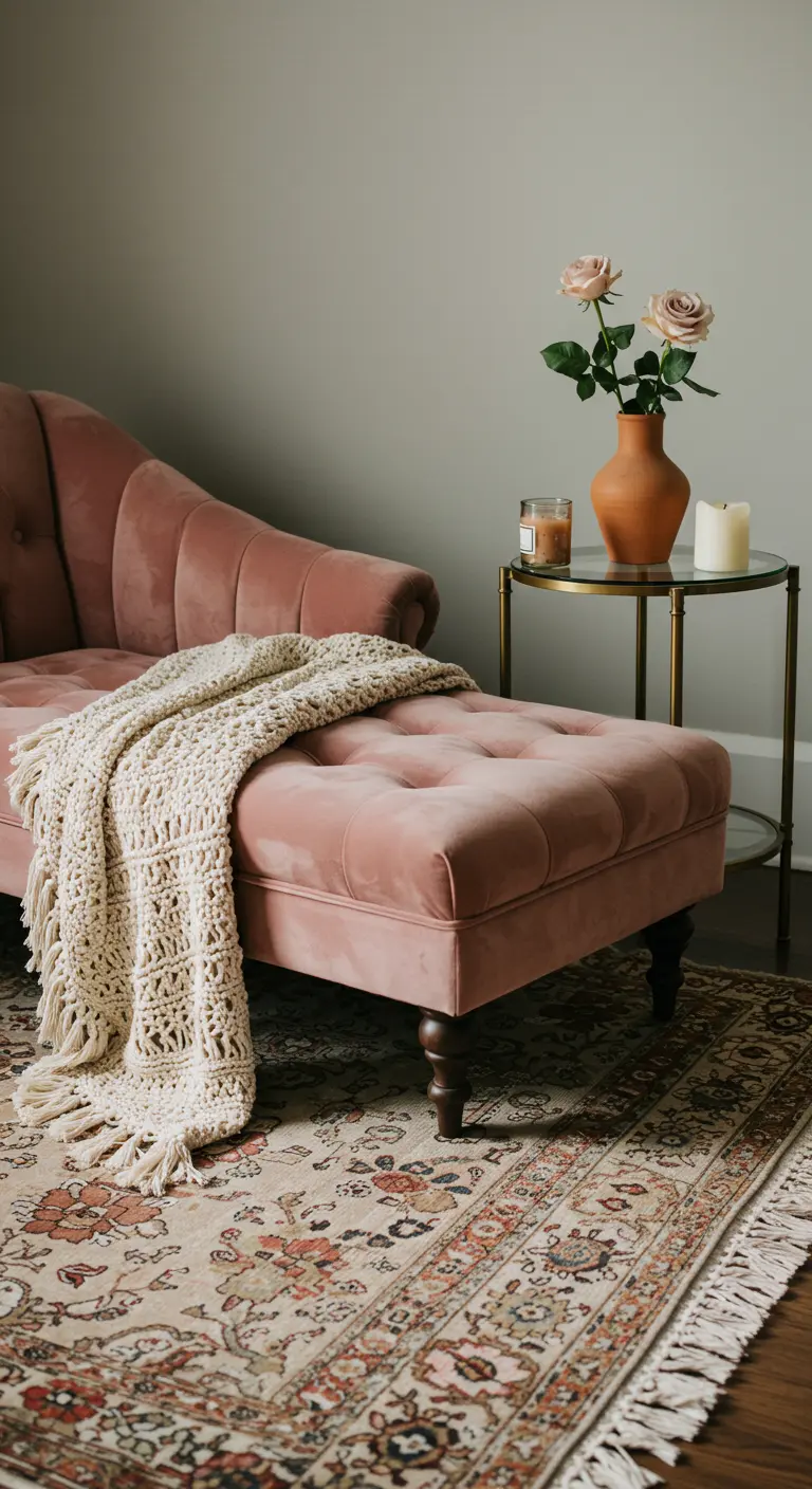 A dusty pink velvet chaise with a cream macrame throw, next to a table with a terracotta vase.