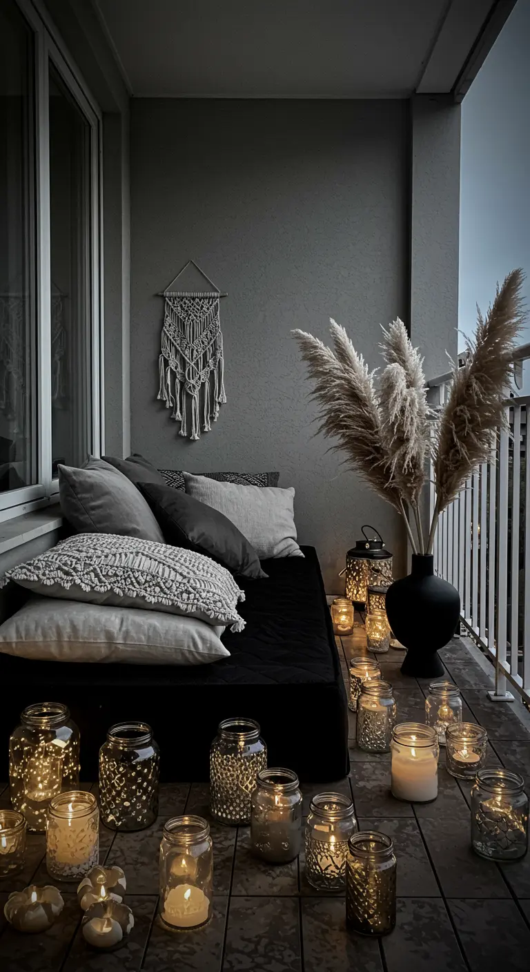 A cozy bohemian balcony with a daybed, layered pillows, pampas grass, and many candles in jars.