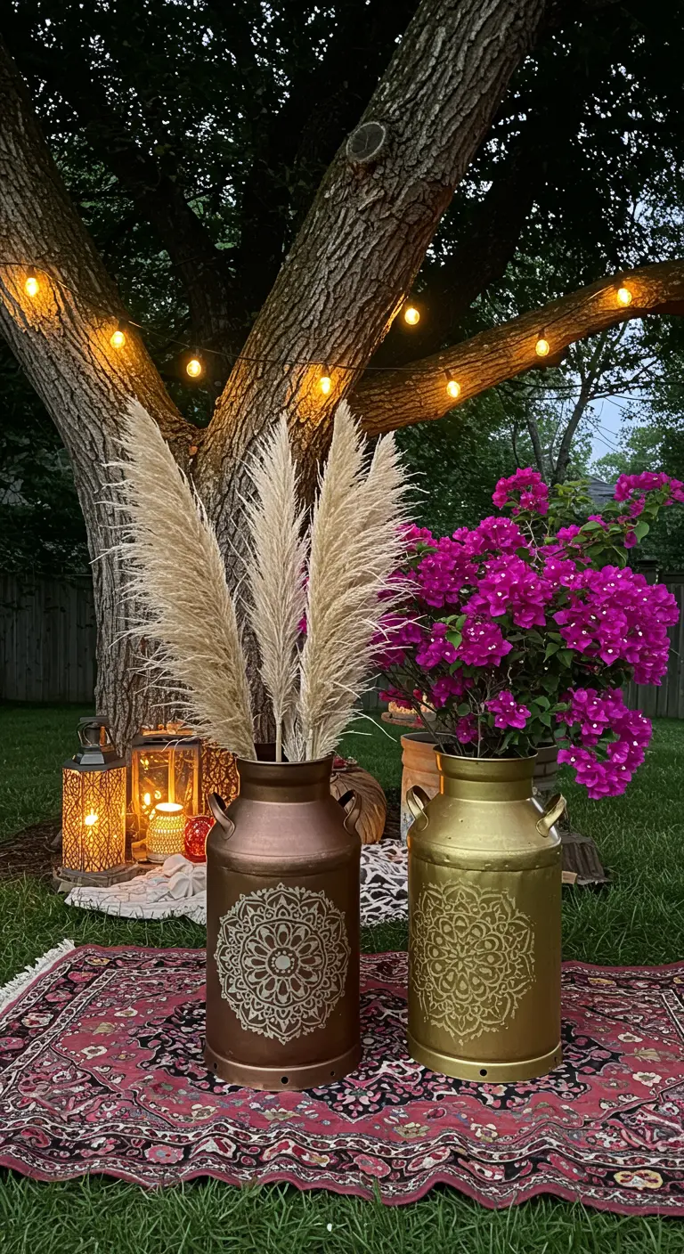Two stenciled milk cans with pampas grass and bougainvillea on a rug under a tree with lights.