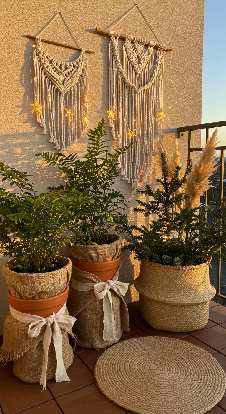 Burlap-wrapped planters and macrame wall hangings on a balcony during sunset, with small star lights.