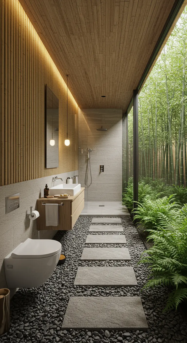 A narrow bathroom with a glass wall offering a view of a dense bamboo forest outside.