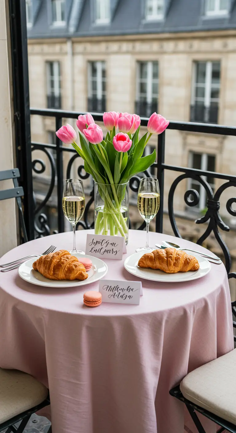 A romantic Parisian balcony breakfast for two with pink tulips, croissants, and champagne.