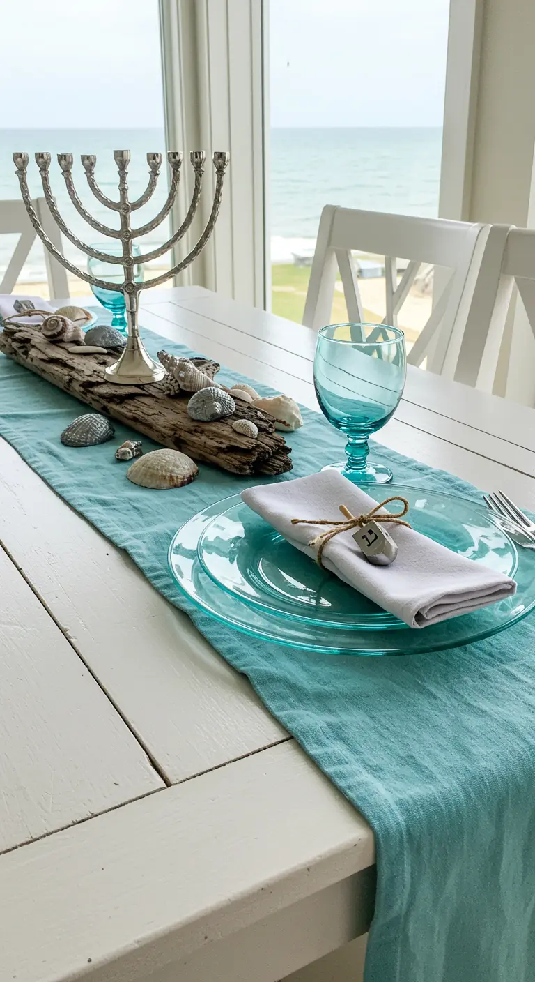 A coastal-themed Hanukkah table with a driftwood centerpiece, seashells, and turquoise accents.