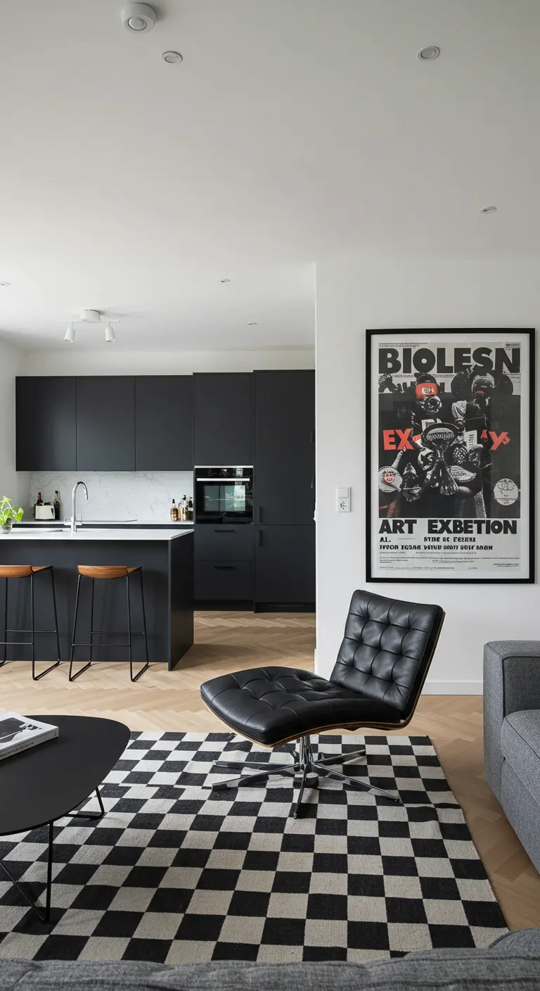 Open-plan living area and kitchen with a checkerboard rug defining the lounge space.