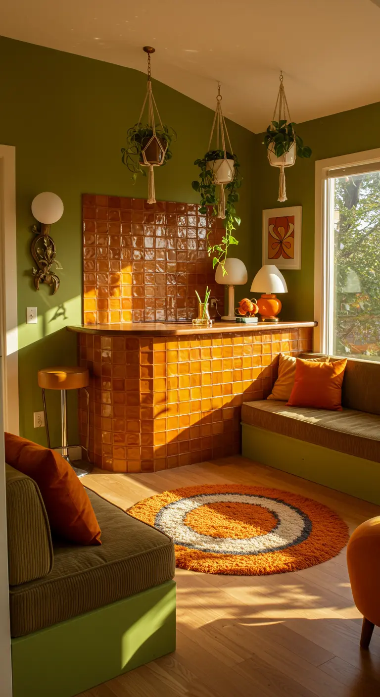 A 70s-inspired living room featuring a home bar covered in glossy orange tiles.