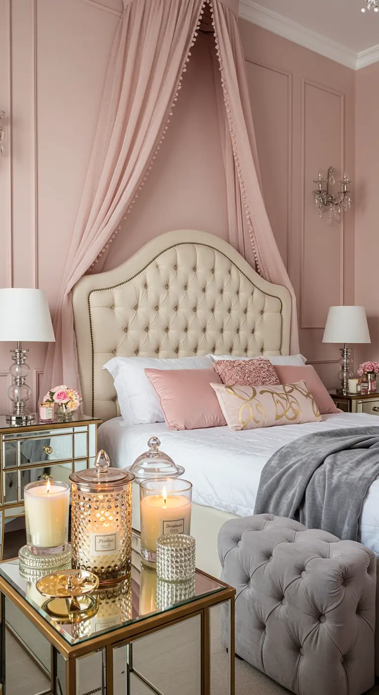 Pink bedroom with a tufted headboard, pink canopy, and mirrored nightstands.