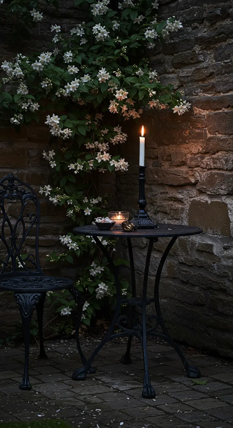 A black bistro set against a stone wall at night, lit by a tall black candlestick.