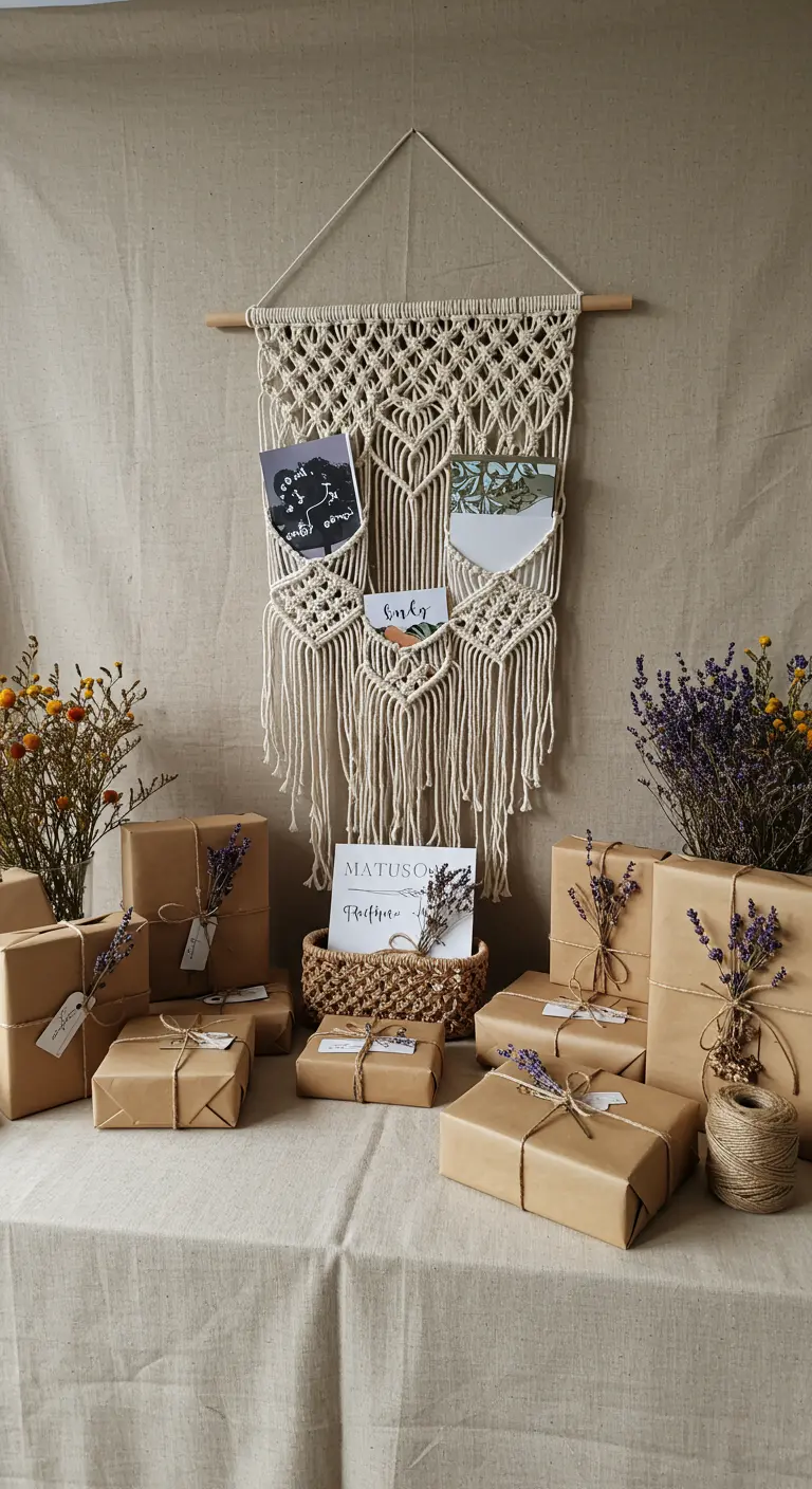 Gift table with brown paper-wrapped presents and a macramé wall hanging used to hold cards.