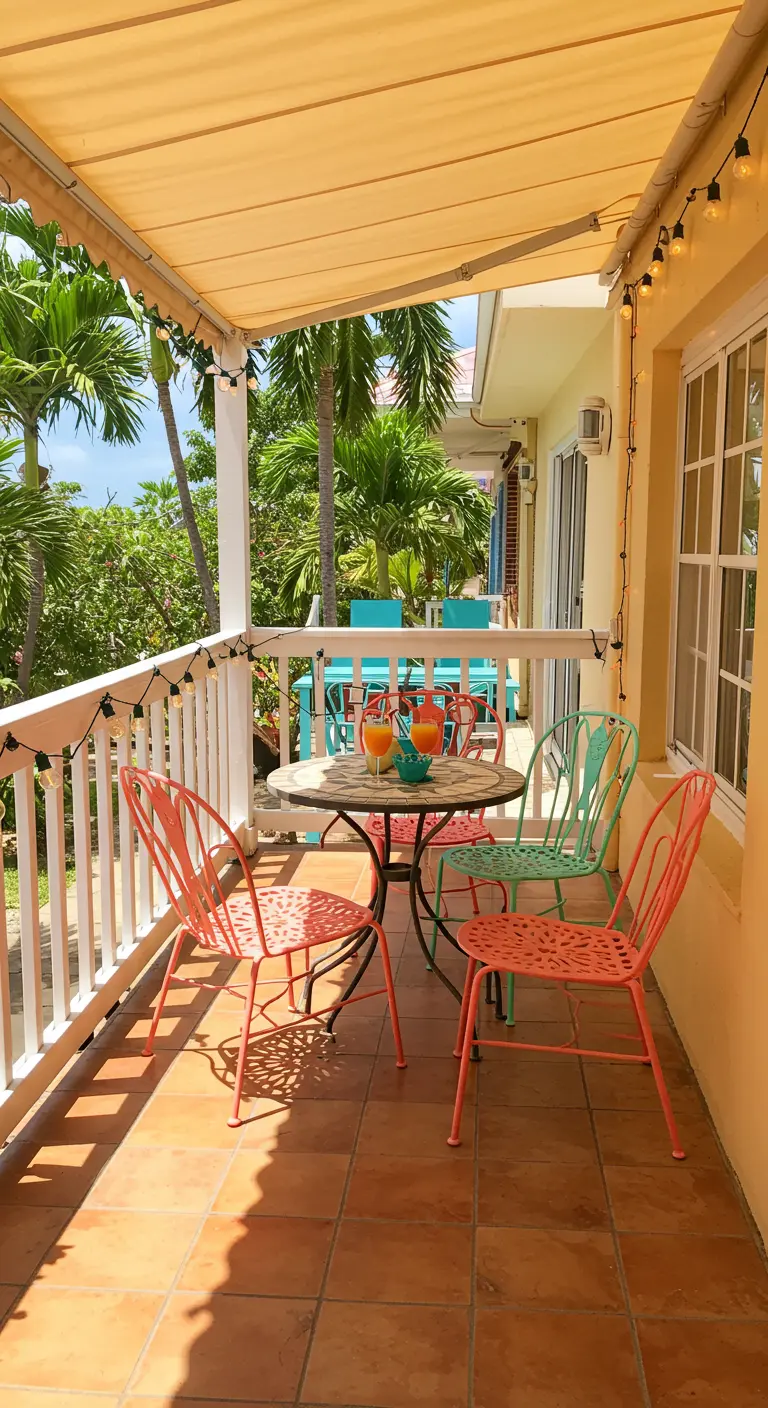 A sunny balcony with colorful metal bistro chairs and string lights under an awning.