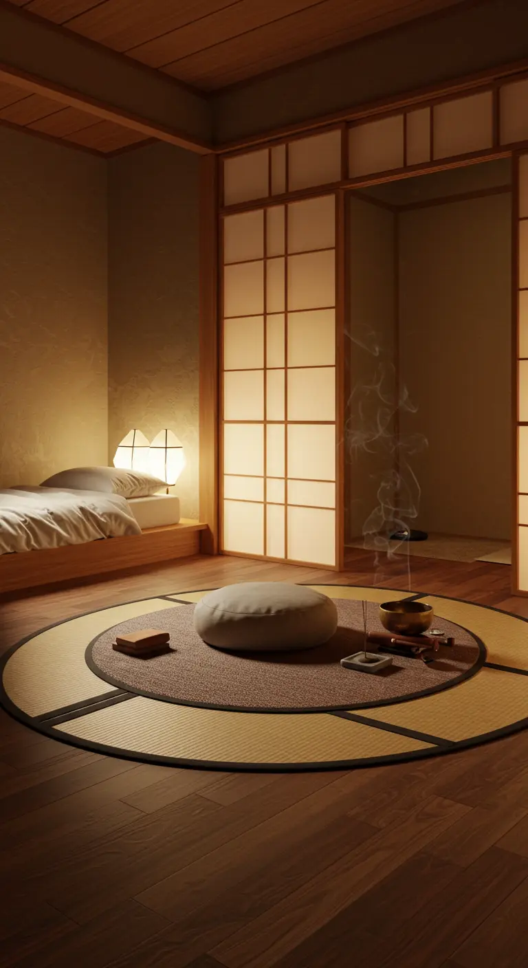 A tranquil meditation corner with a round tatami mat, cushion, incense, and a singing bowl.