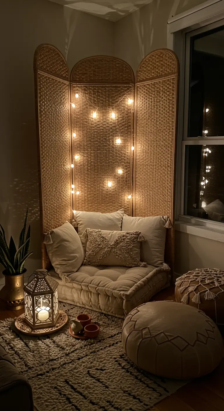 A cozy floor seating area defined by a rattan folding screen adorned with globe string lights.