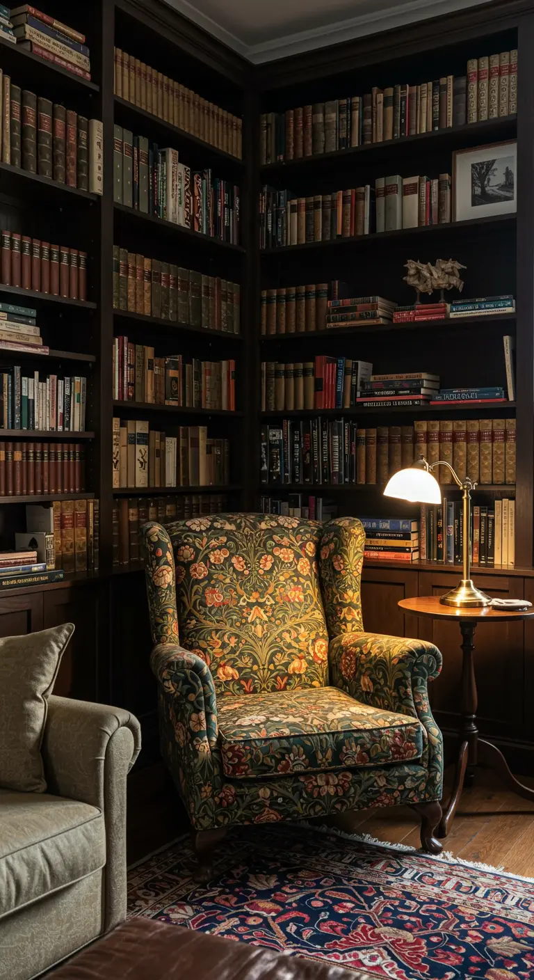A floral wingback armchair sits in the corner of a dark, cozy home library.