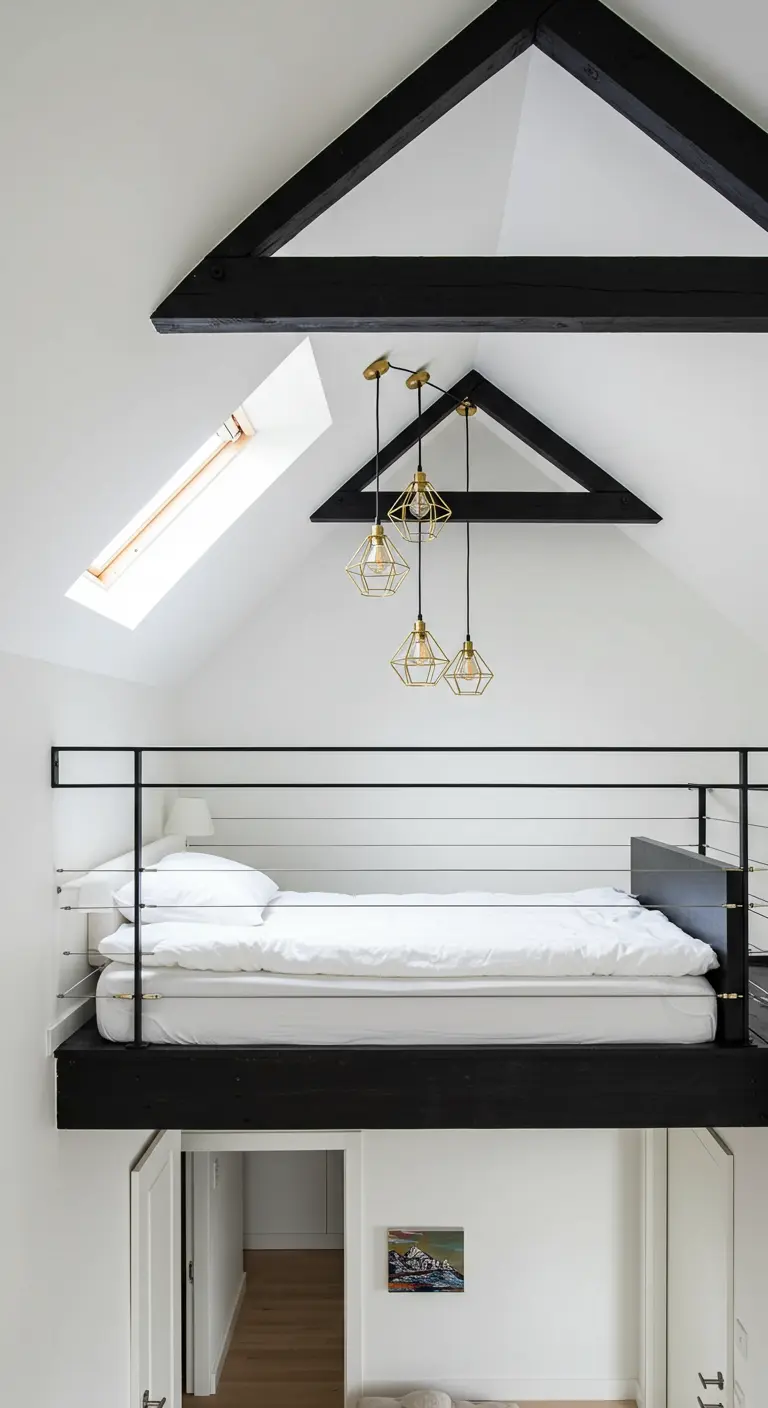 A white loft bedroom with exposed black ceiling beams and geometric gold pendant lights.