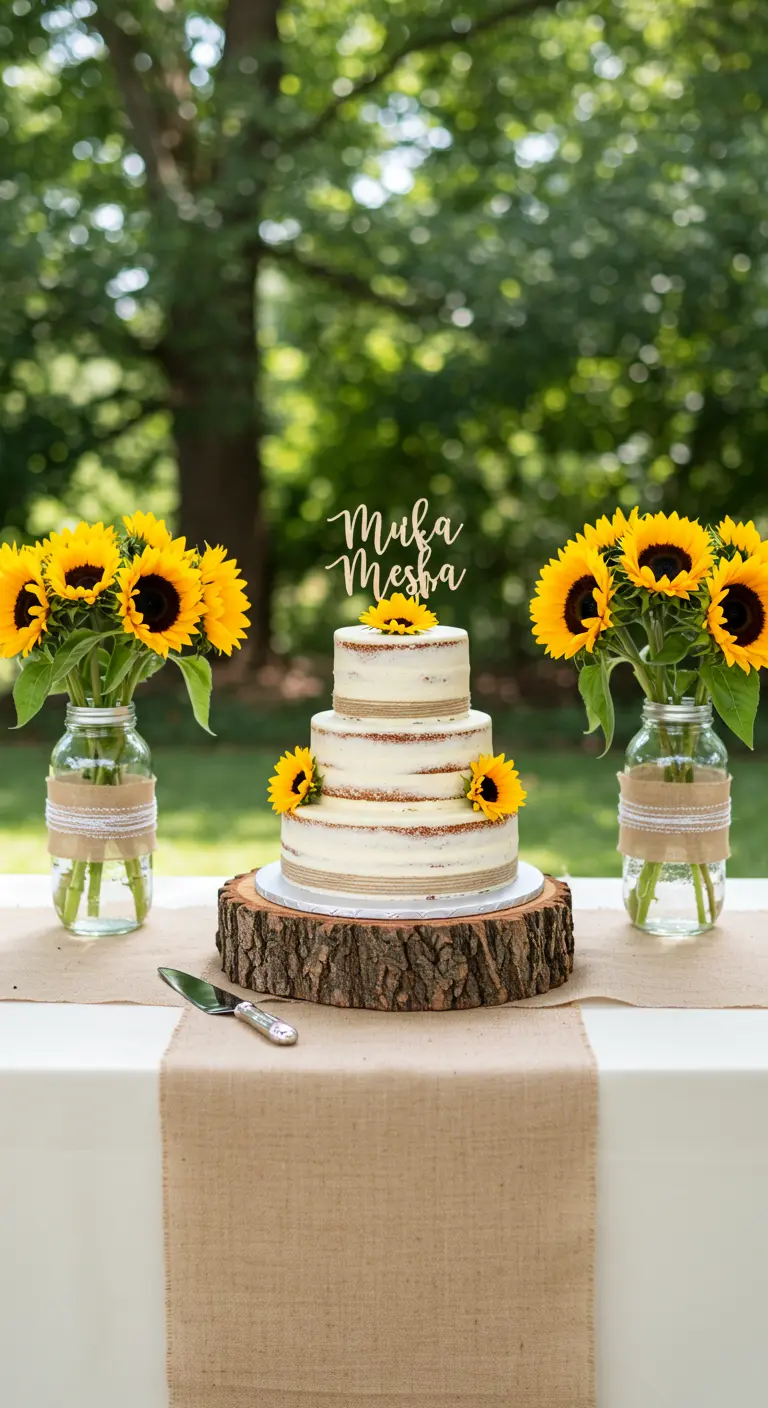 A tiered naked cake on a wood slice stand, flanked by two large mason jars of sunflowers.