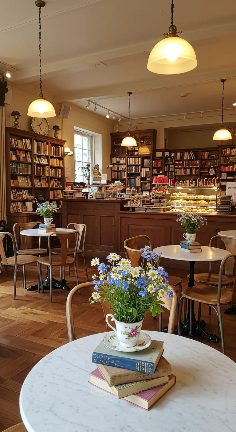 Cafe setting with small tables, teacups with wildflowers on book stacks.