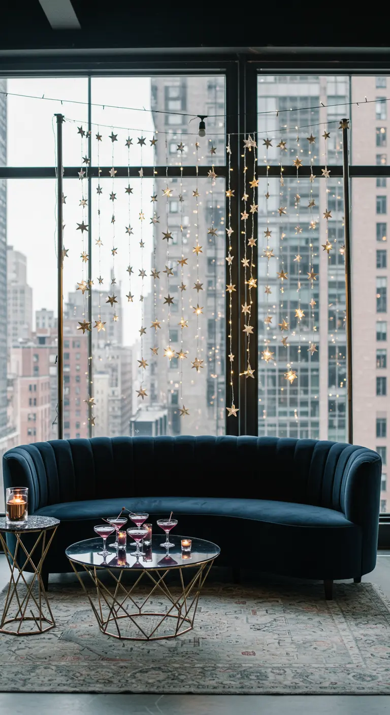 Star curtain lights behind a blue velvet sofa in a modern apartment with city views.