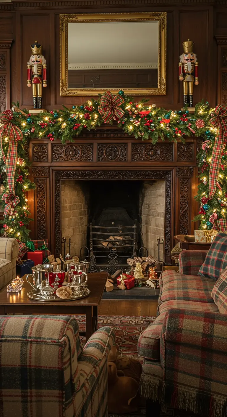 Traditional Christmas mantel with nutcrackers, plaid ribbon, and a colorful garland.