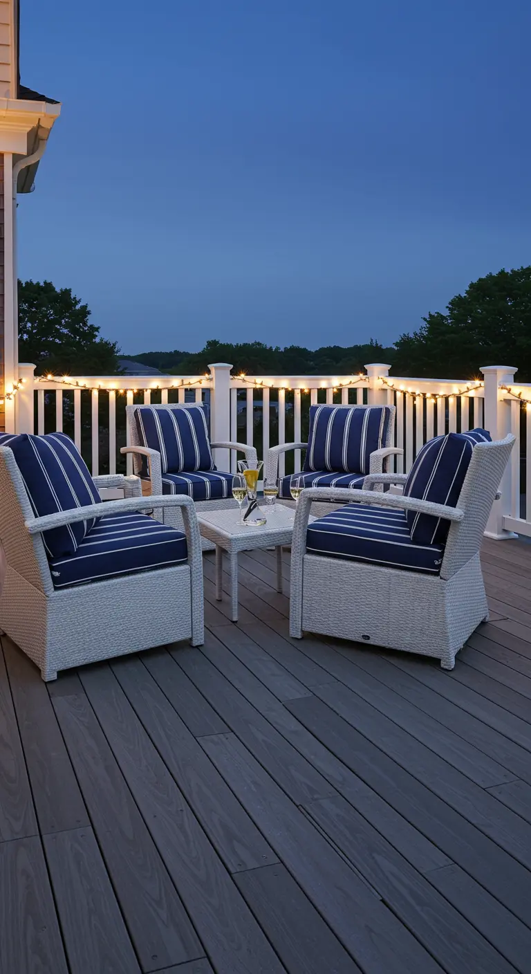 White wicker chairs with navy striped cushions on a deck lit by railing lights at dusk.